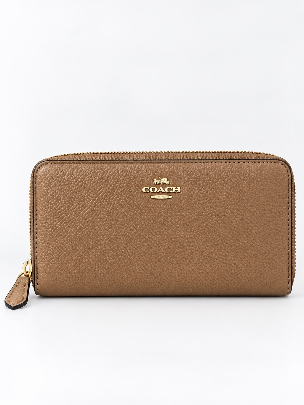 Coach Tan Pebbled Leather Zip Around Accordion Wallet Gold Hardware